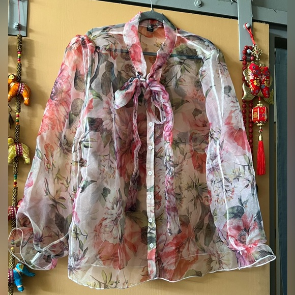 Plus Size All-Over Print Pink Floral Sheer Blouse with Bow Tie - Picture 1 of 5